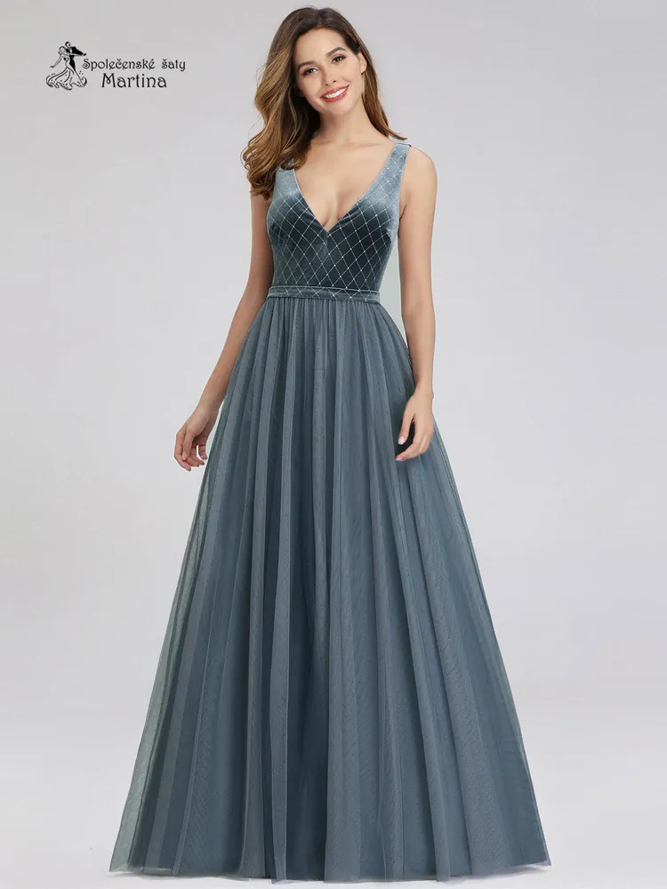 Dlouhé modro-šedé společenské šaty se sametových živůtkem "Darlene" - vel. 38
