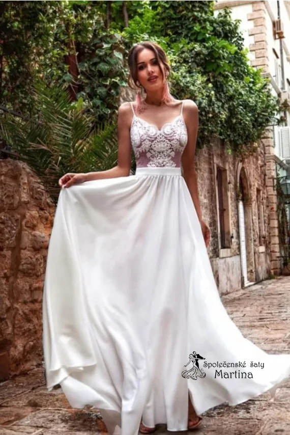 Dlouhé ecru-béžové společenské šaty "Sheila" se špagetovými ramínky - vel. 40