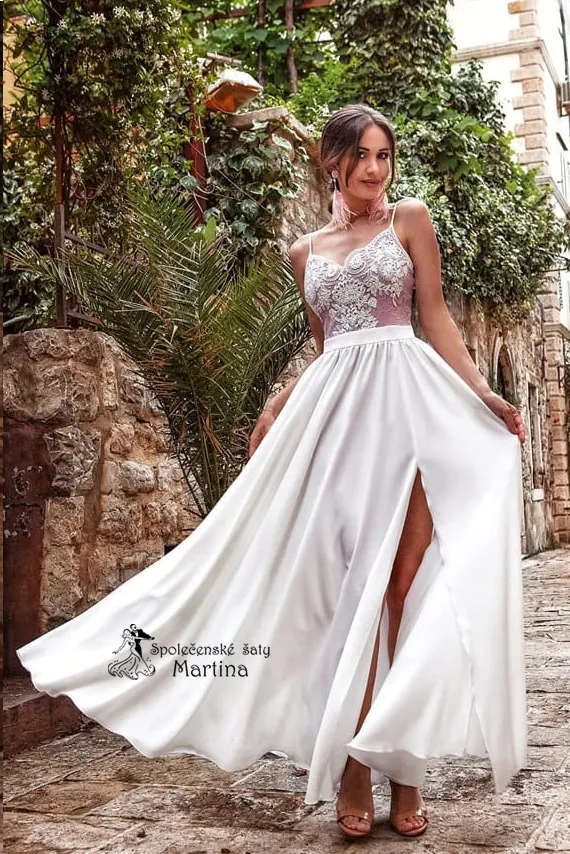 Dlouhé ecru-béžové společenské šaty "Sheila" se špagetovými ramínky - vel. 40