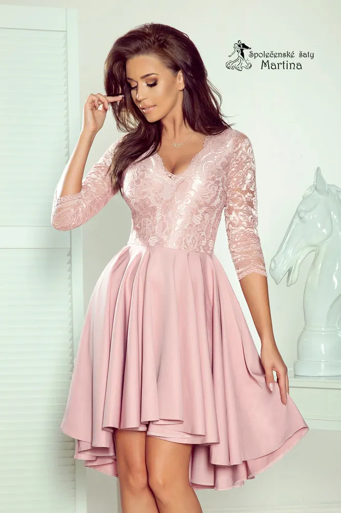 Asymetrické šaty s krajkou a 3/4 rukávy "Nicolle" - světle růžové - vel. XXXL
