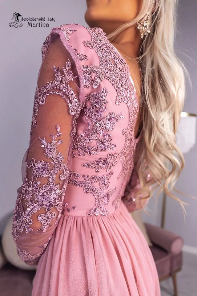 Růžové šaty "Adel" s jemnou tylovou sukní a krajkovými rukávy - vel. 40