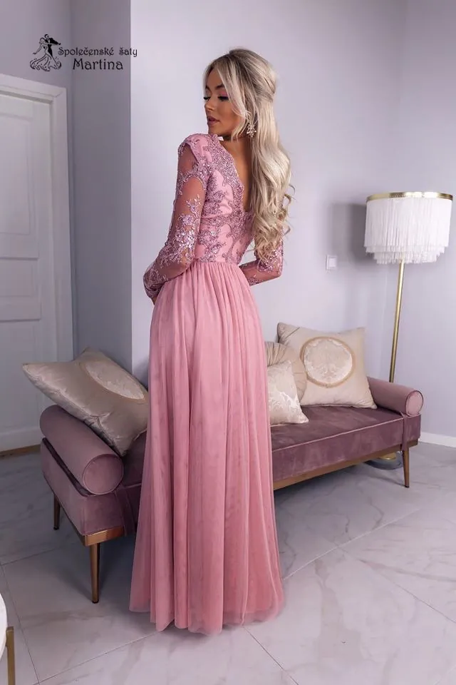 Růžové šaty "Adel" s jemnou tylovou sukní a krajkovými rukávy - vel. 42