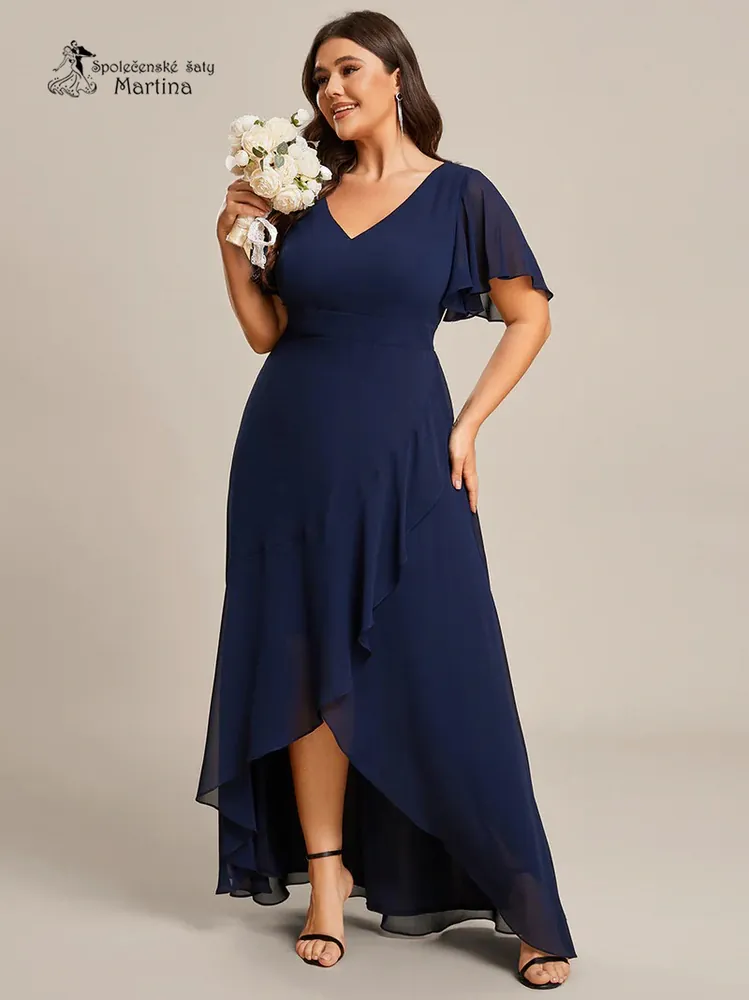 Dlouhé asymetrické tmavě modré plus size šaty "Rubye" s volnými rukávy
