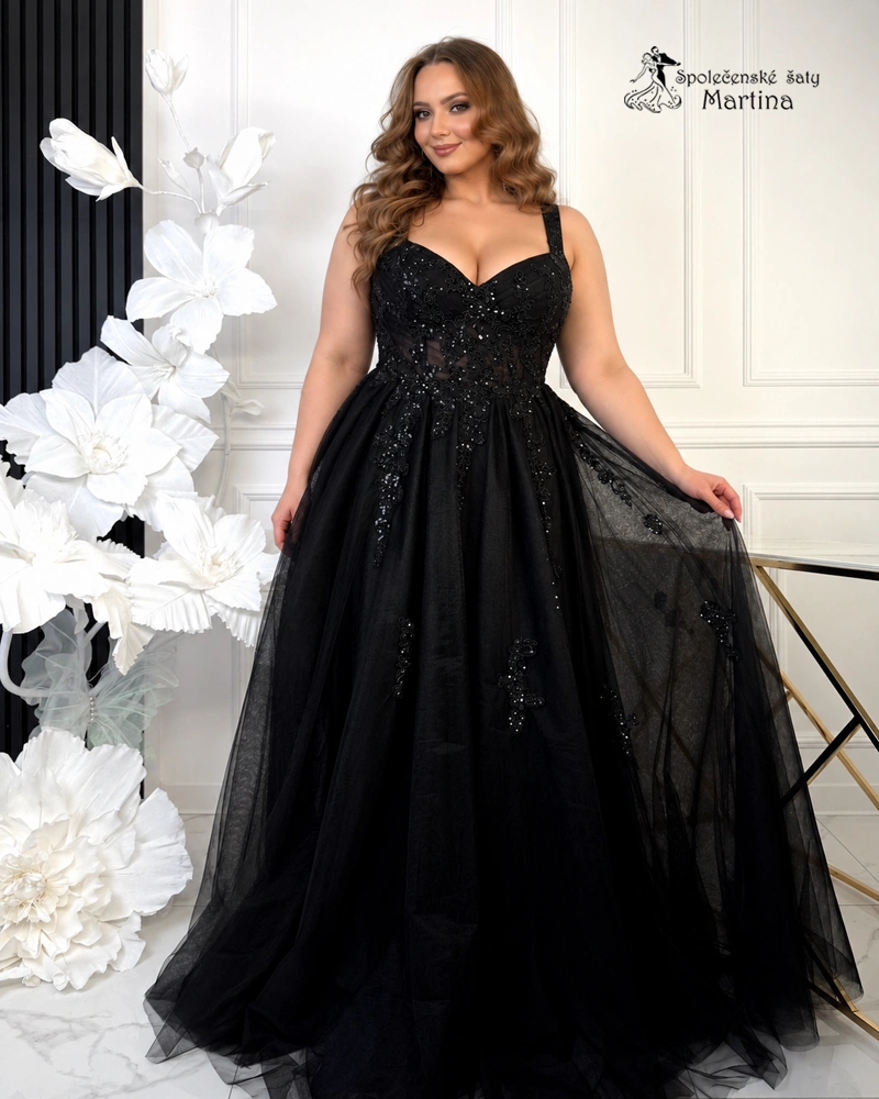 Černé maturitní šaty "Esmeralda" se širšími ramínky pro plus size postavy