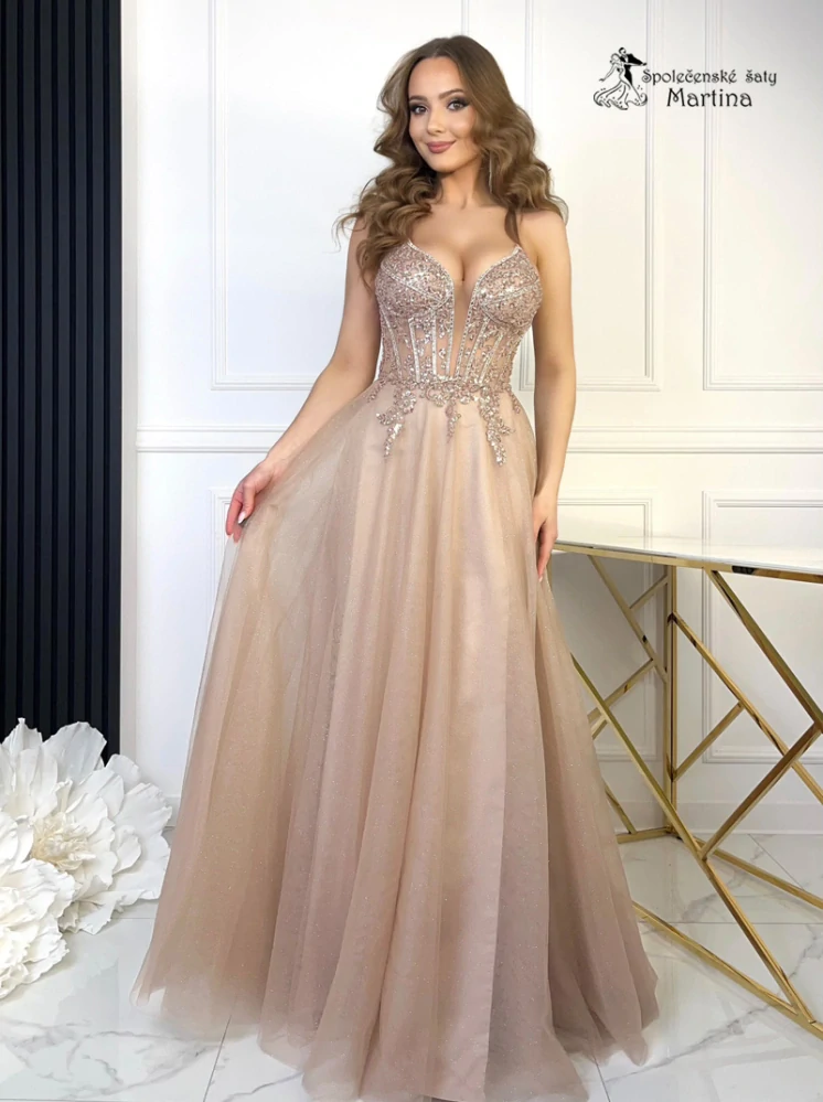 Cappuccino tylové společenské šaty "Princessa" s výrazným korzetovým živůtkem