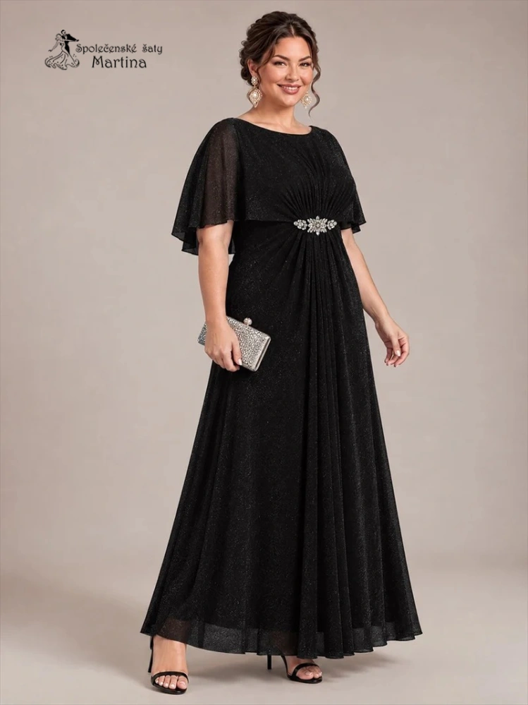 Černé společenské šaty "Darina“ s pelerínovými rukávy a zdobením v pase