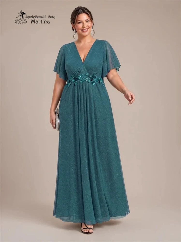 Petrolejové plus size společenské šaty "Noelle" s třpytivou sukní a volnými rukávy
