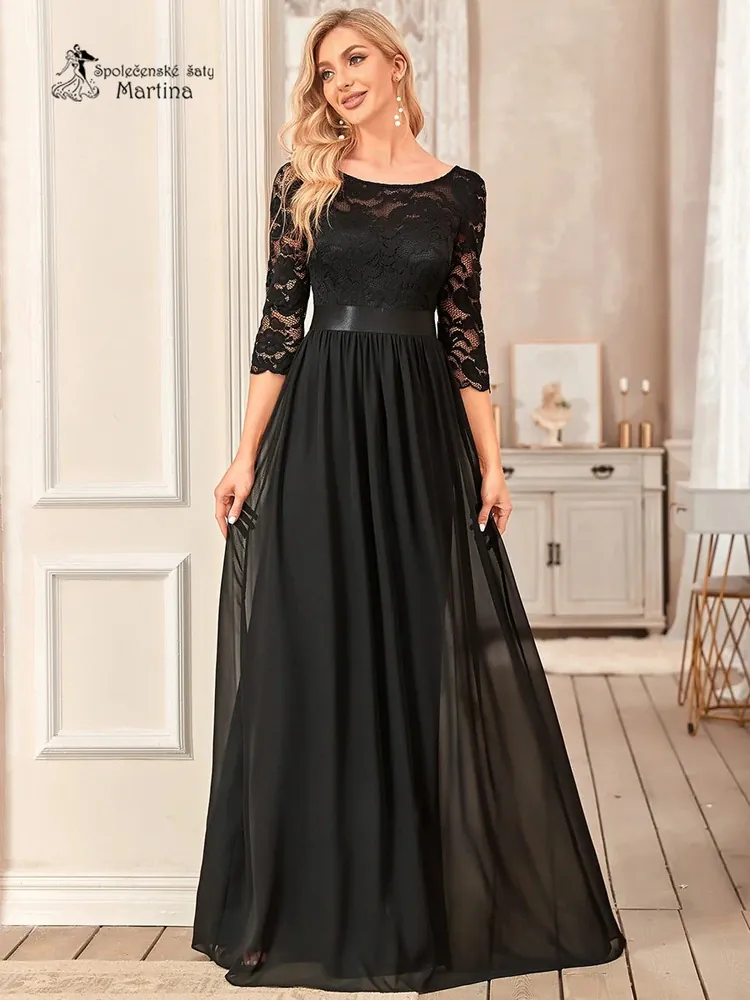 Černé společenské šaty s 3/4 krajkovými rukávy "Trish" - vel. 38