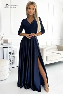 Tmavě modré šaty "Amber"s krajkovým živůtkem a saténovou sukní