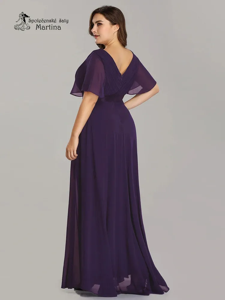 Tmavě fialové šifonové šaty "Camila XXL" antického střihu