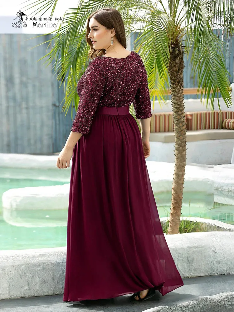 Vínové společenské šaty "Piper XXL" s 3/4 rukávy a s flitrovým živůtkem