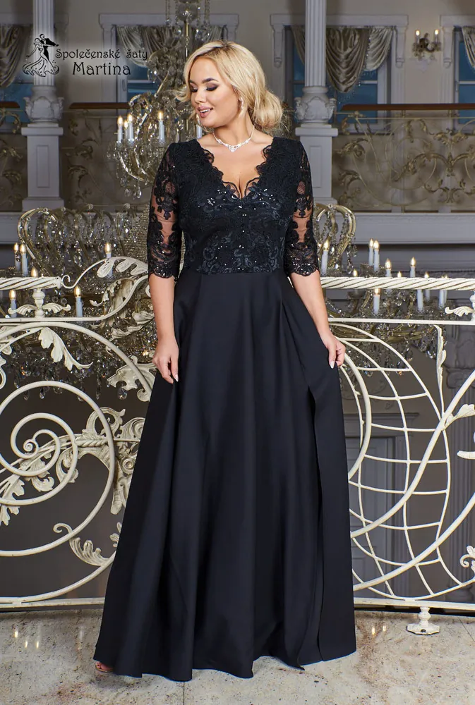 Černé dlouhé společenské šaty "Roxy" s 3/4 rukávem 