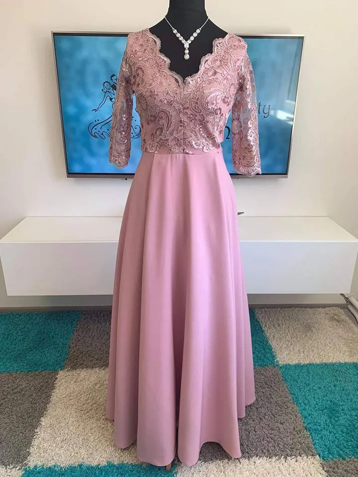 Pastel pink dlouhé společenské šaty "Roxy" s 3/4 rukávem - vel. 38