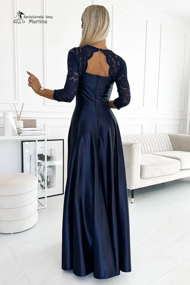 Tmavě modré šaty "Amber"s krajkovým živůtkem a saténovou sukní