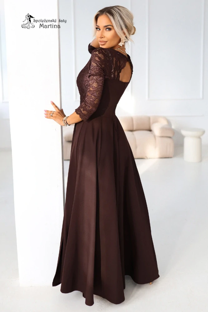 Dlouhé čokoládové šaty "Amber"s krajkovým živůtkem a 3/4 rukávy