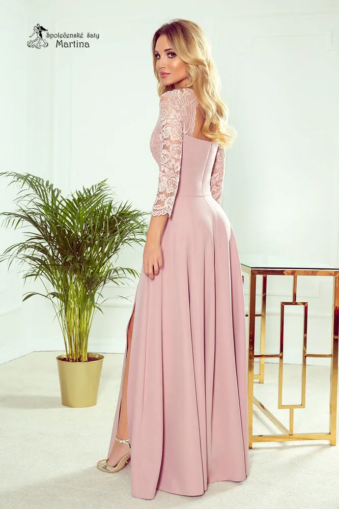 Dlouhé pudrově růžové šaty "Amber"s krajkovým živůtkem a 3/4 rukávy