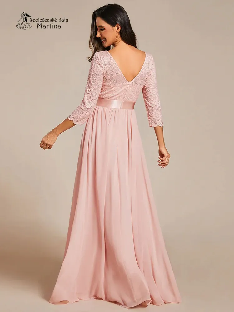 Světle růžové společenské šaty s 3/4 krajkovými rukávy "Trish" 
