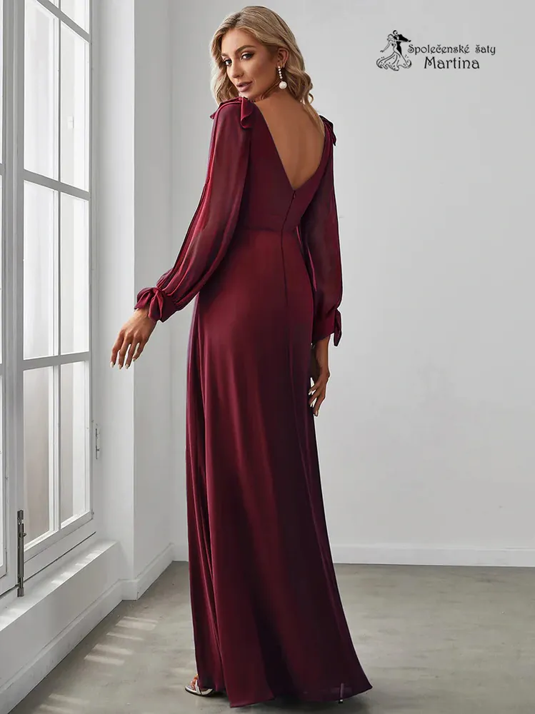 Vínové společenské šaty "Allison" s dlouhými rukávy