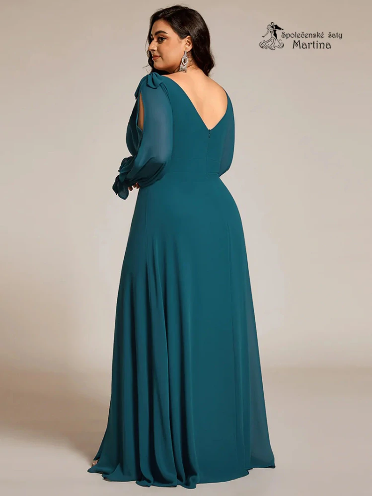 Petrolejové společenské šaty "Allison XXL" s dlouhými rukávy