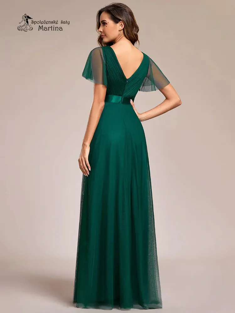 Lahvově zelené tylové šaty s krátkým rukávkem “Broke”