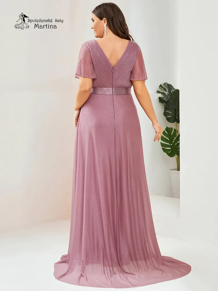 Starorůžové jemně třpytivé společenské šaty s volnými rukávy "Darien XXL" 