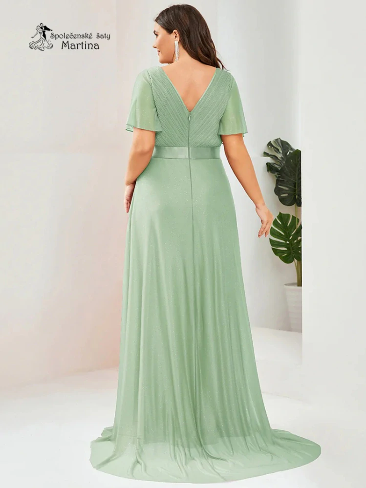 Mintové jemně třpytivé společenské šaty s volnými rukávy "Darien XXL" 