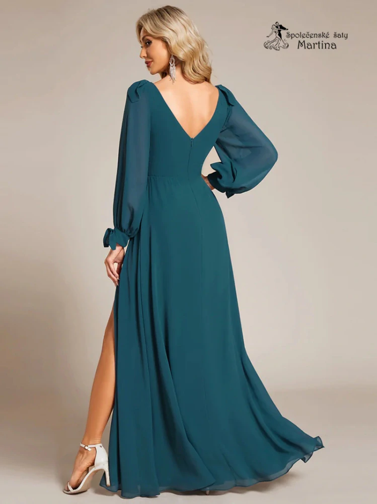 Petrolejové společenské šaty "Allison" s dlouhými rukávy - vel. 34