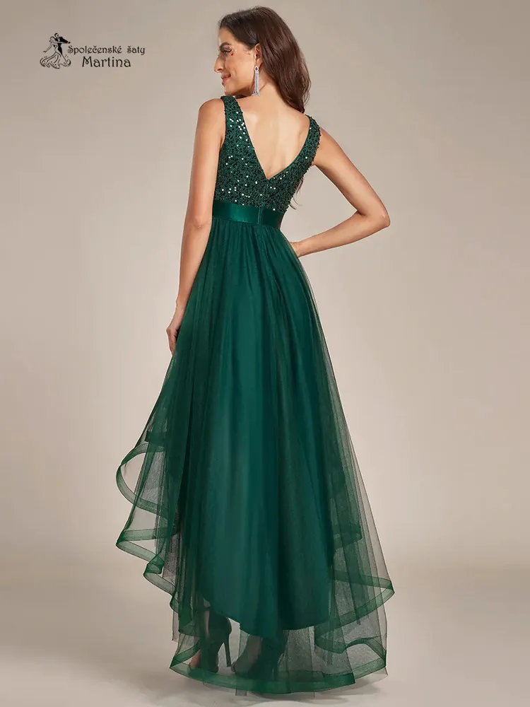 Zelené asymetrické tylové společenské šaty "Leslie" s flitrovým živůtkem
