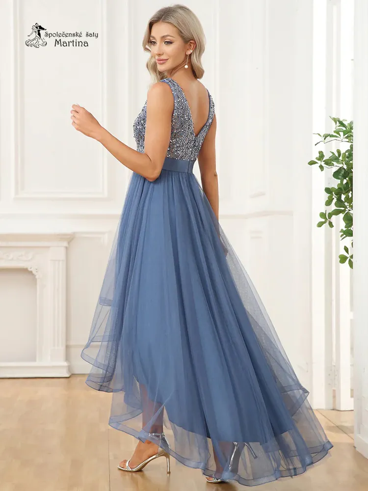 Dusty navy asymetrické tylové společenské šaty "Leslie" s flitrovým živůtkem