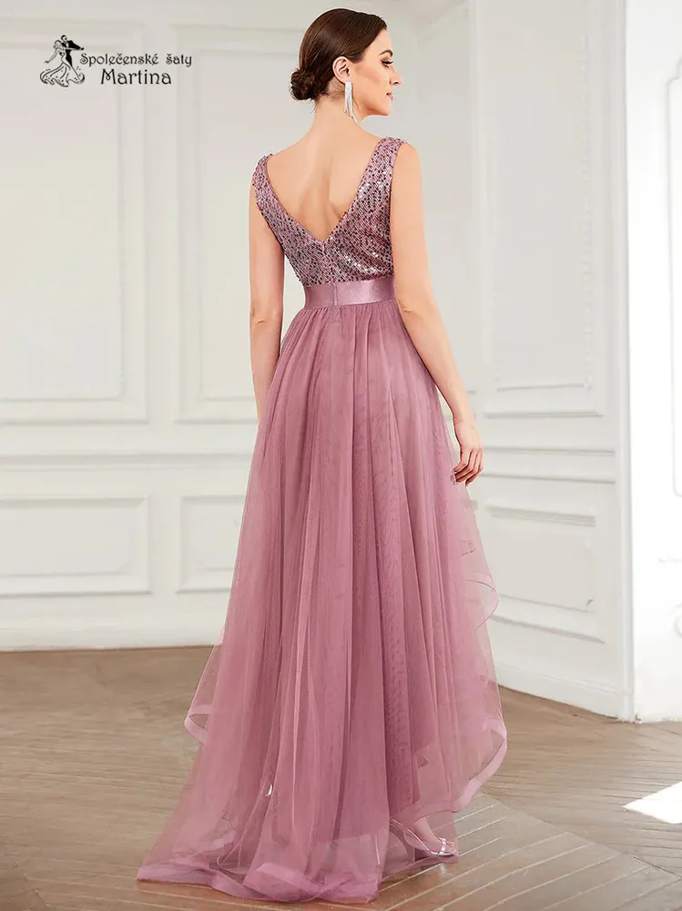 Starorůžové asymetrické tylové společenské šaty "Leslie" s flitrovým živůtkem