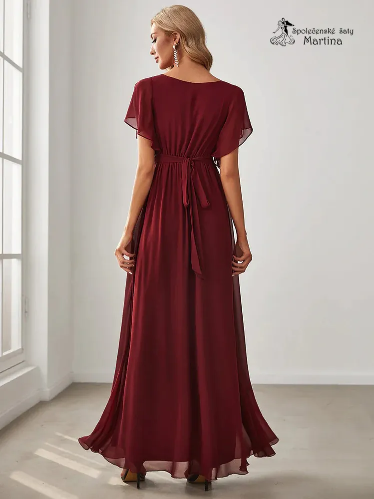 Vínové společenské šaty či pro svatebního hosta "Katherine" s volnými rukávy