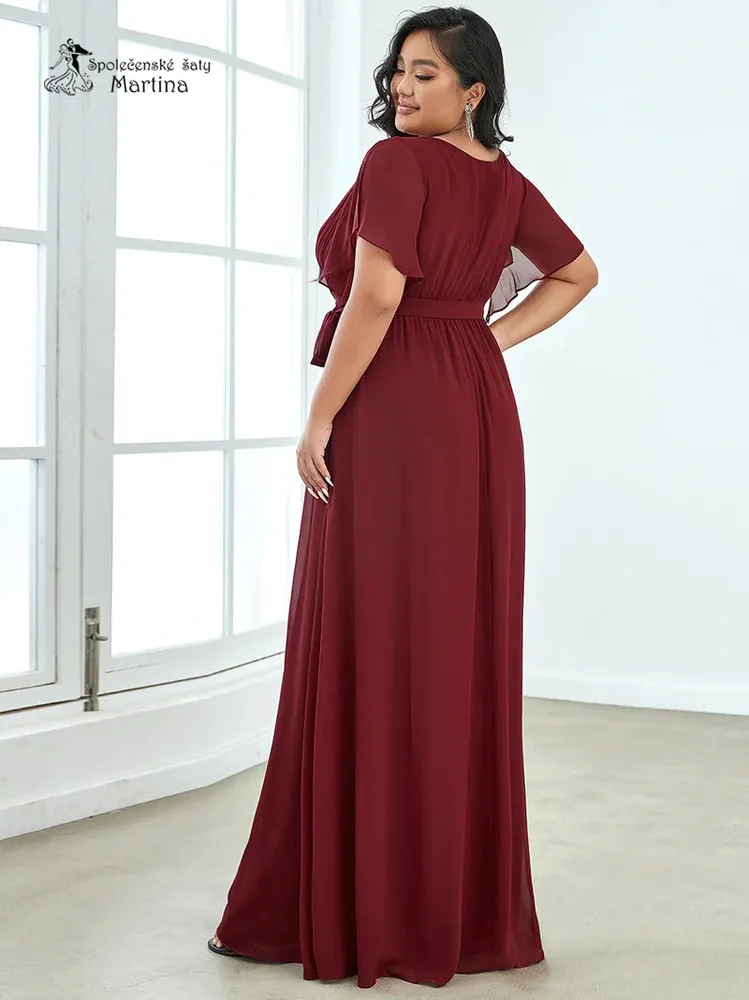 Vínové společenské šaty či pro svatebního hosta "Katherine" s volnými rukávy - vel. 48