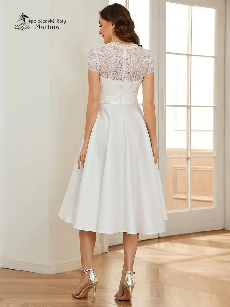 Bílé popůlnoční midi šaty "Tamson" s krajkovým živůtkem a kapsami - vel. 42