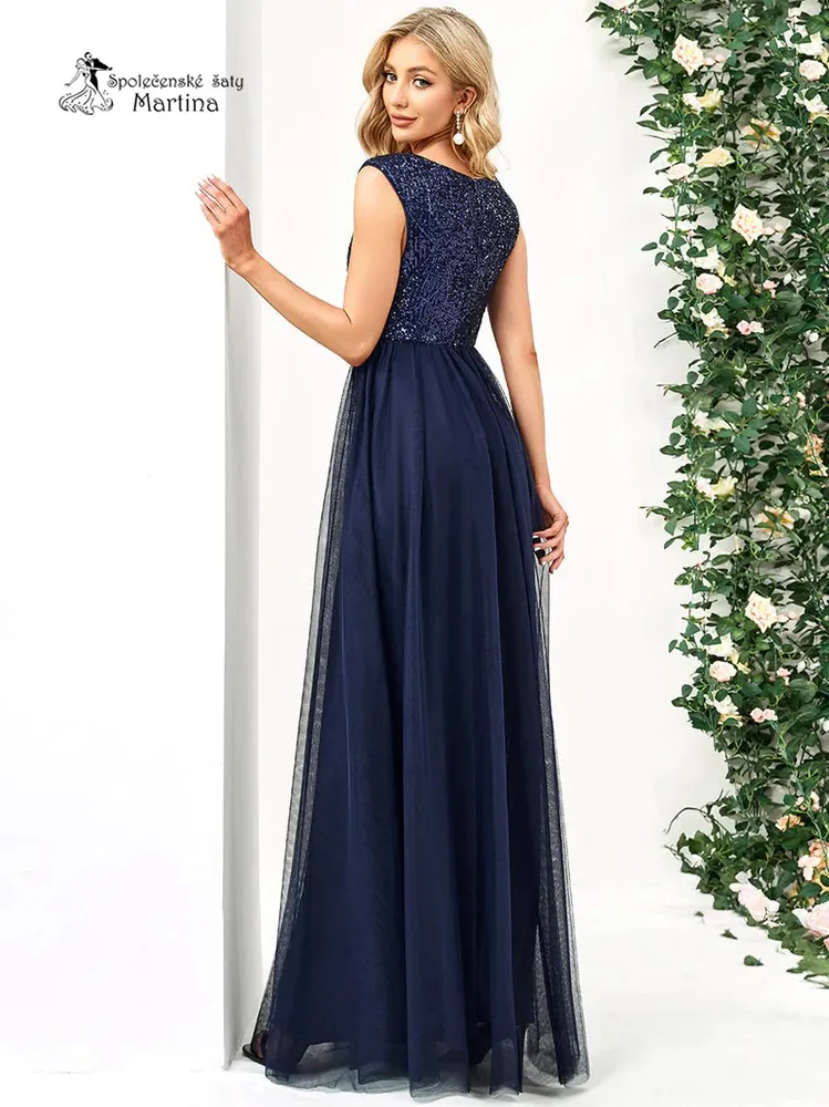 Tmavě modré tylové šaty "Kaety" s flitrovým živůtkem a širokými ramínky