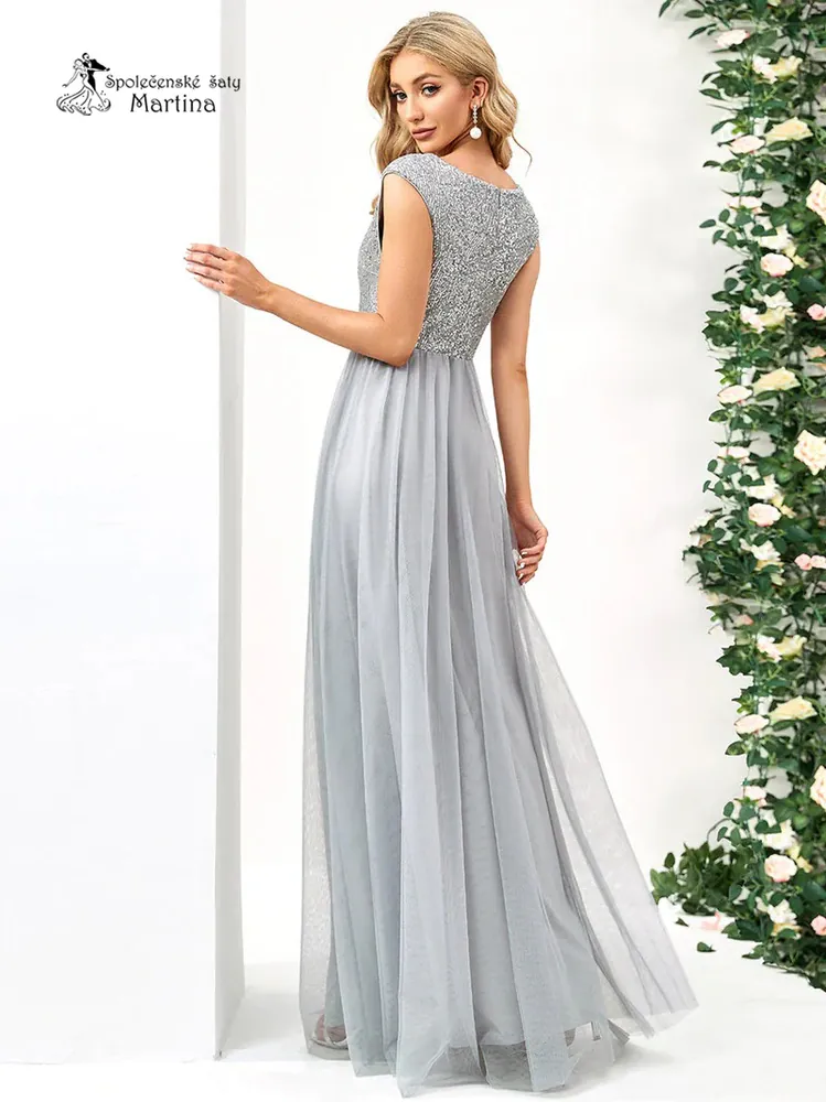 Šedé tylové šaty "Kaety" s flitrovým živůtkem a širokými ramínky