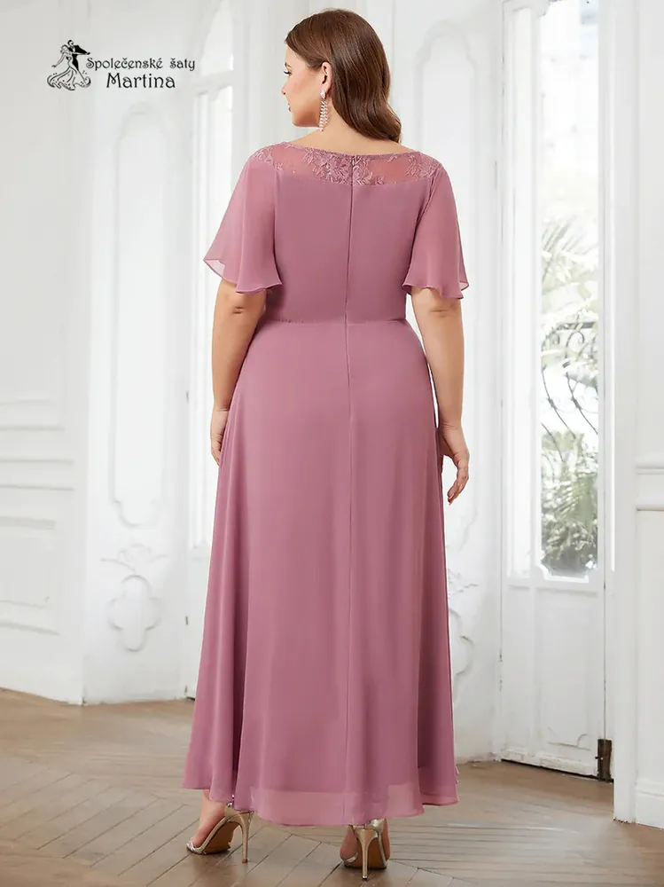 Starorůžové asymetrické šifonové šaty "Lareyna" s volnými rukávy - vel. 48