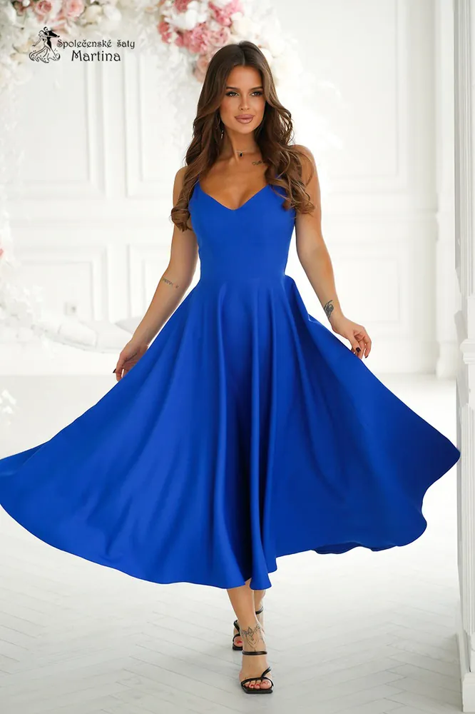 Midi královsky modré šaty "Stormie" se srdíčkovým výstřihem