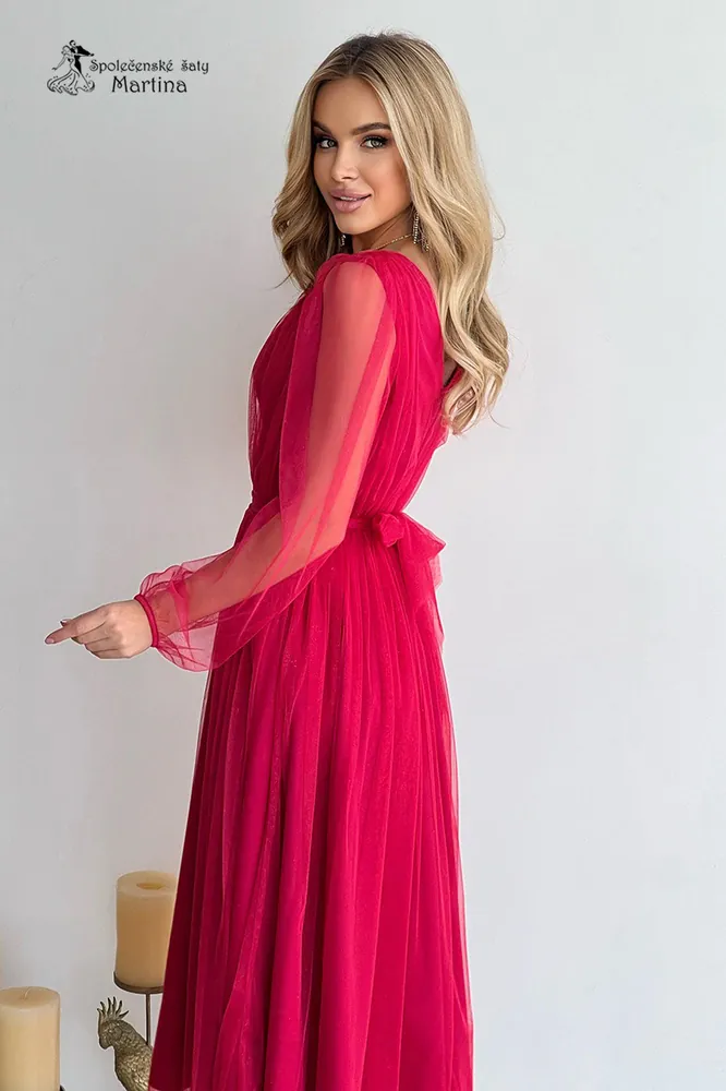 Malinové midi tylové třpytivé šaty "Becca" s rukávy
