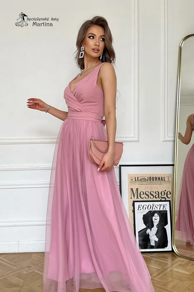 Dlouhé pudrově růžové šaty "Aggie" s jemnou tylovou sukní - vel. 46