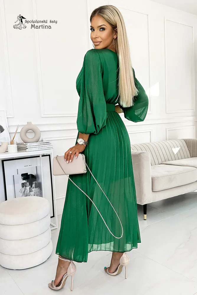 Světle zelené dlouhé plisované šaty pro svatebního hosta "Moyra" s dlouhým rukávem 