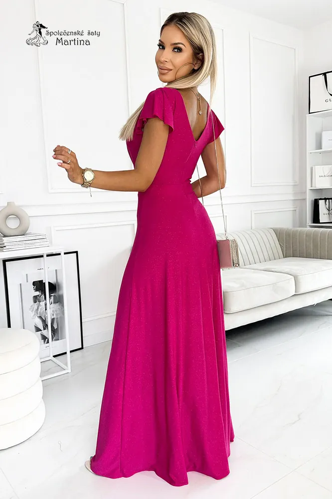 Fuchsiové dlouhé třpytivé společenské šaty s krátkým rukávkem "Crystal"