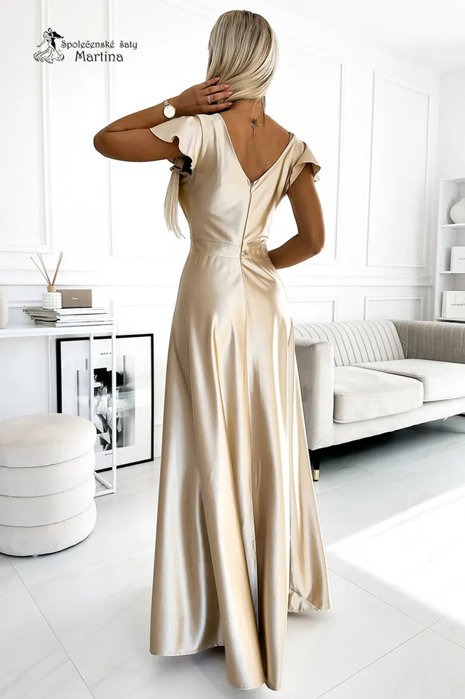 Zlaté saténové společenské šaty s krátkým rukávkem "Crystal"