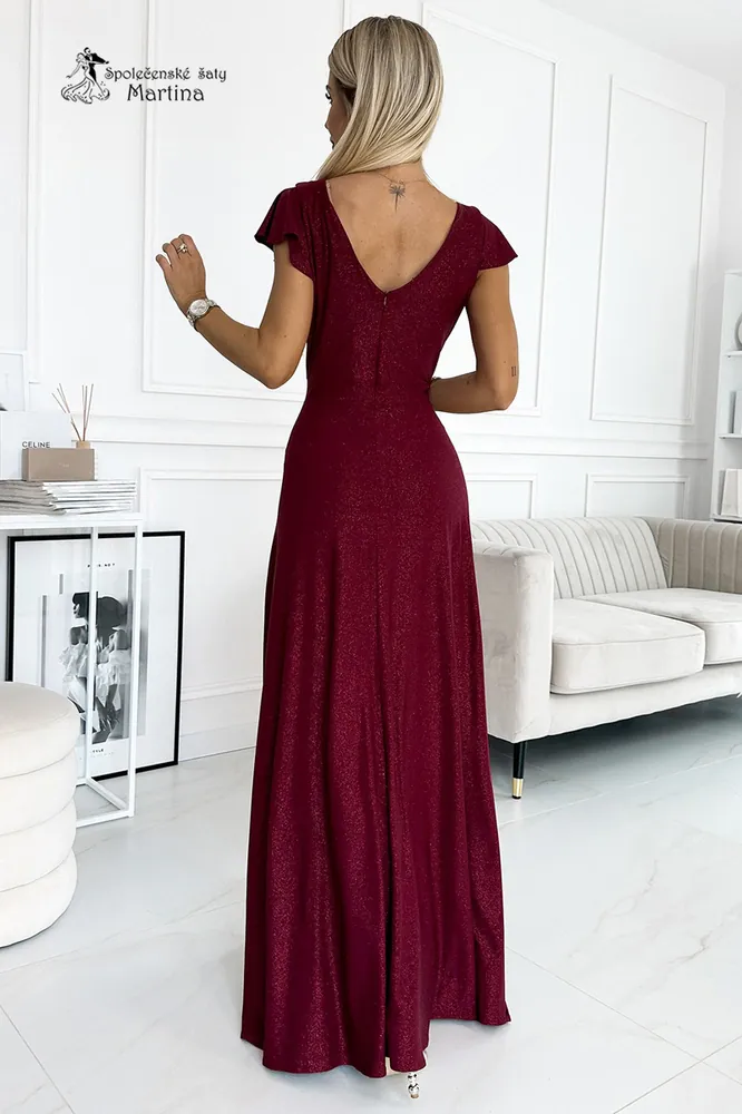Vínové dlouhé třpytivé společenské šaty s krátkým rukávkem "Crystal"