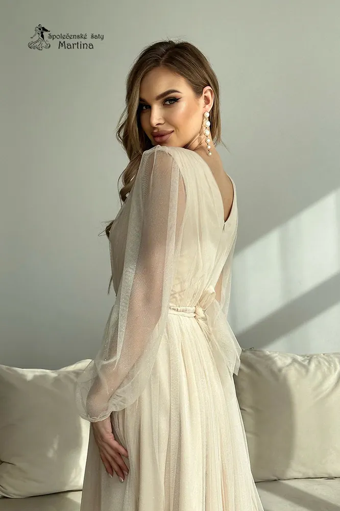 Béžové midi tylové třpytivé šaty "Becca" s rukávy