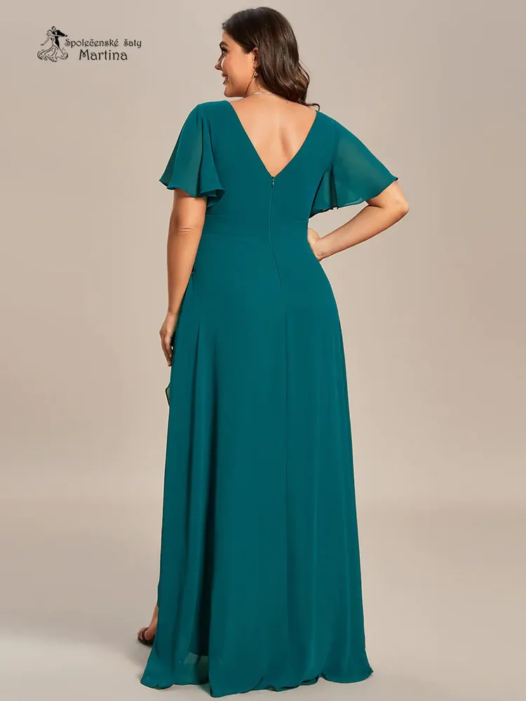 Dlouhé asymetrické petrolejové plus size šaty "Rubye" s volnými rukávy