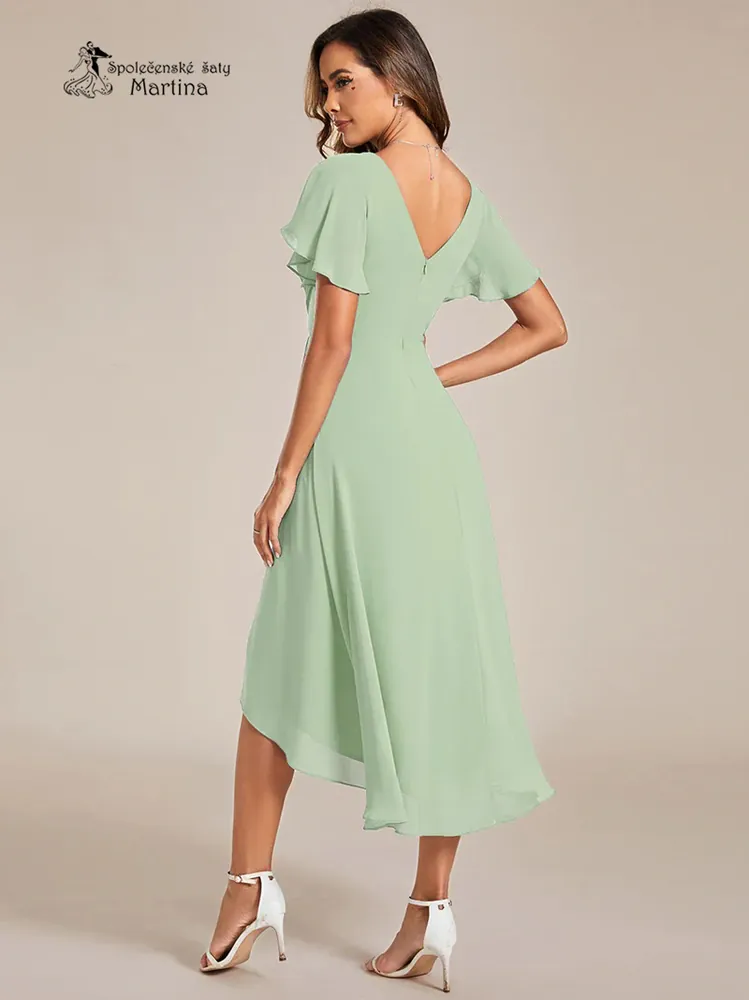 Světle zelené midi asymetrické šifonové šaty s volným rukávem "Debra"