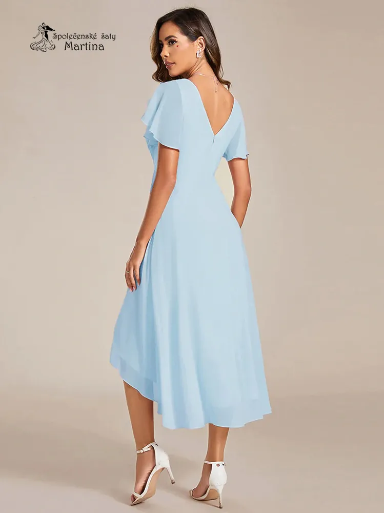 Blankytně modré midi asymetrické šifonové šaty s volným rukávem "Debra" - vel. 40