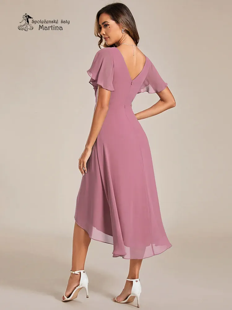 Starorůžové midi asymetrické šifonové šaty s volným rukávem "Debra" - vel. 40