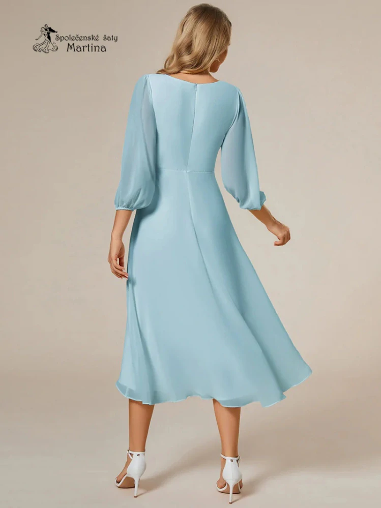 Světle modré midi asymetrické šifonové šaty s 3/4 rukávem "Hirah"