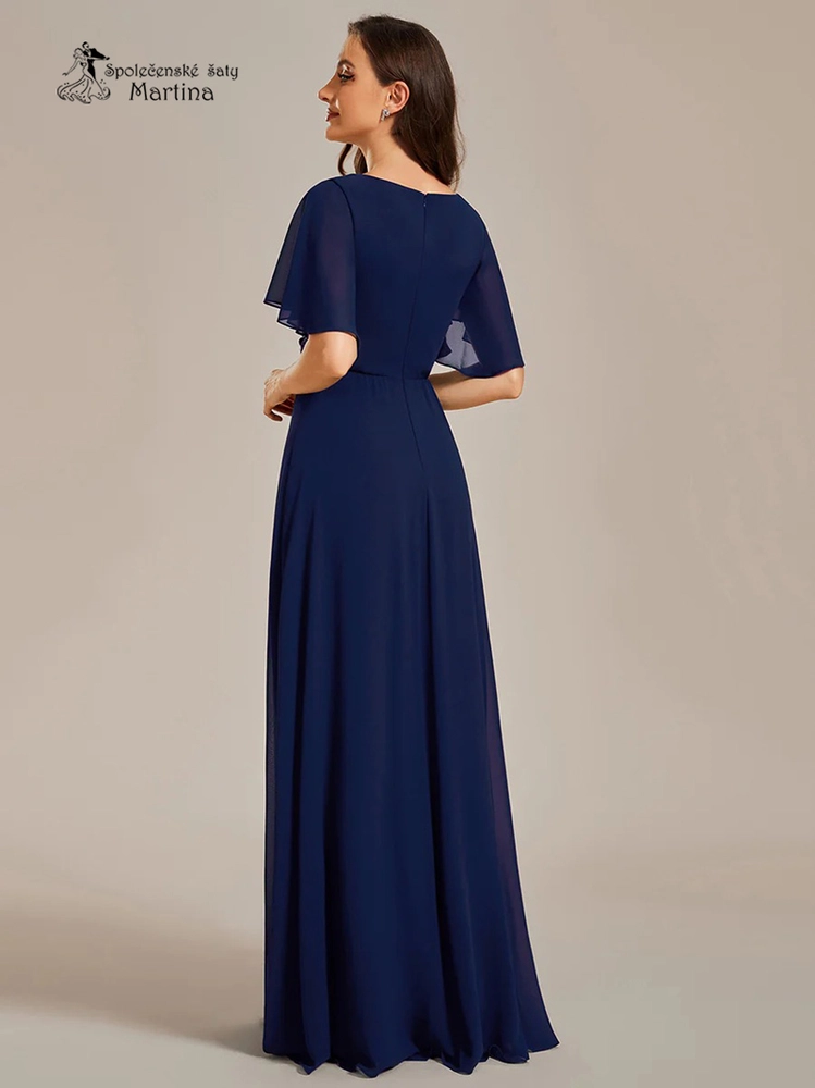 Tmavě modré šifonové šaty "Pandora" s volným rukávem a aplikací v pase